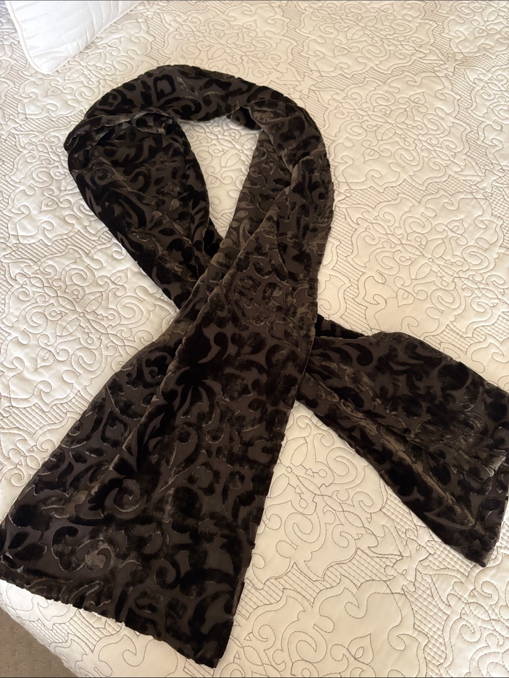 Summer Tompkins vintage Brown Velvet Flocked Scarf with Damask Pattern